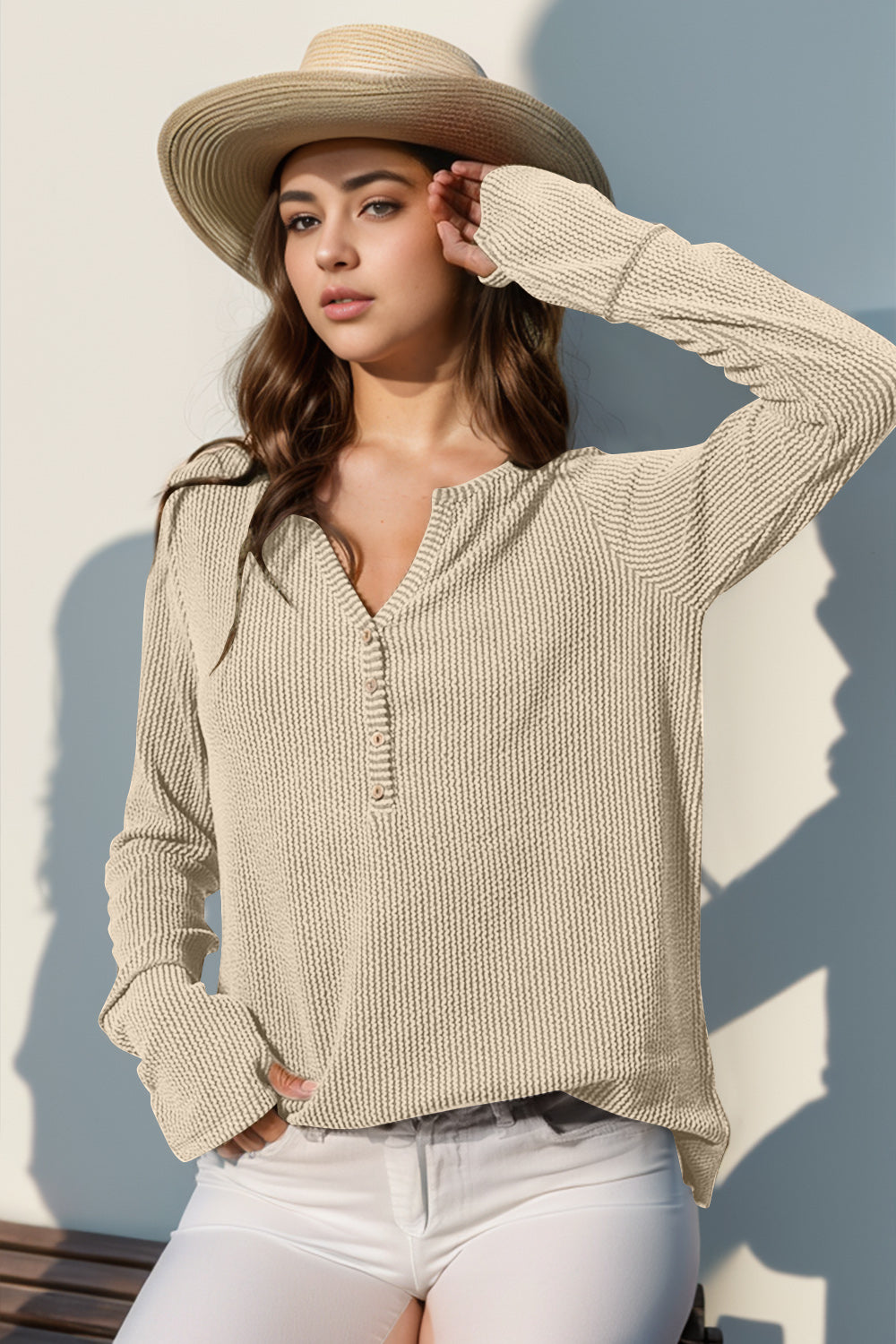 Double Take Full Size Notched Thumbhole Long Sleeve T-Shirt 