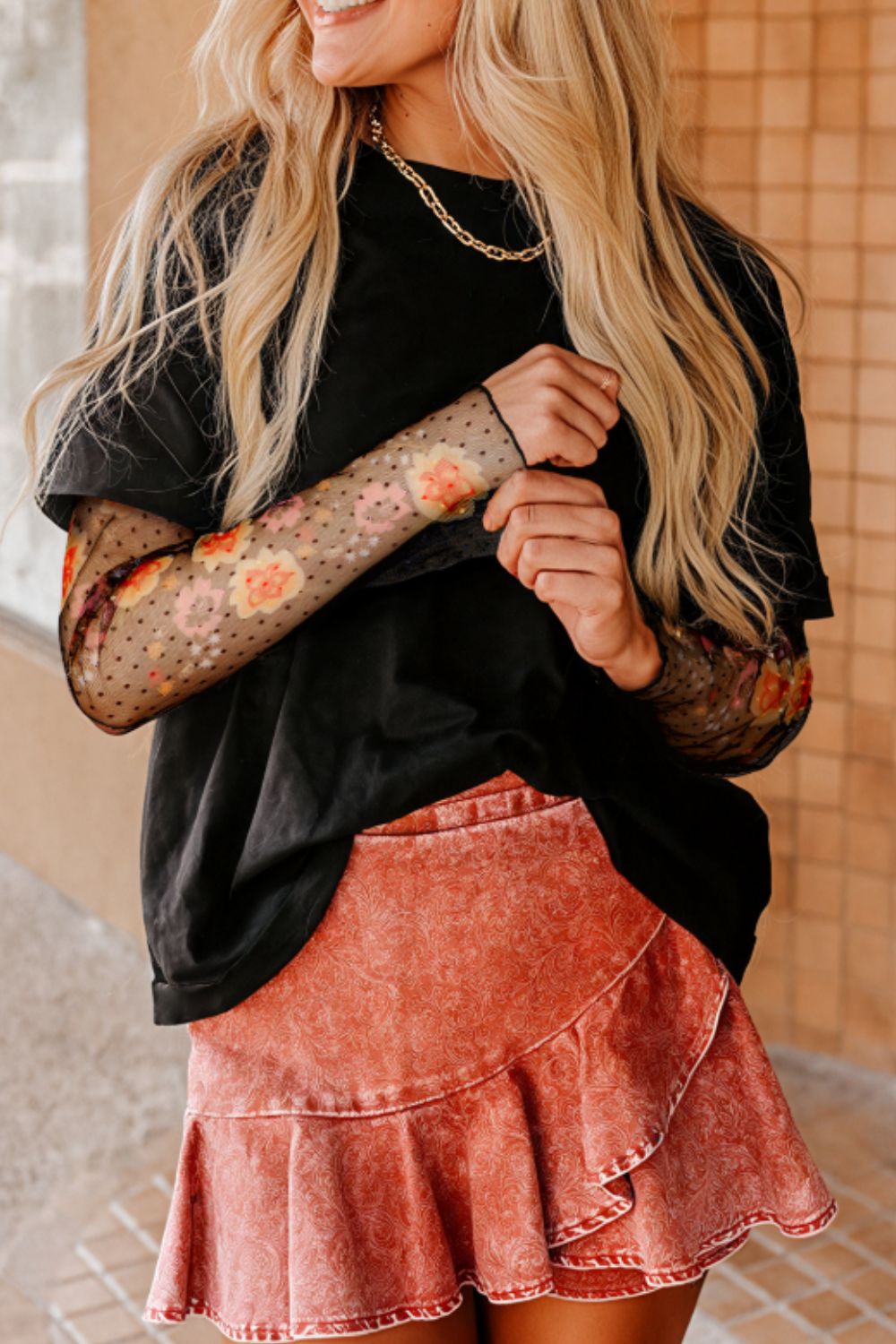 Faux Two Piece Floral Long Sleeve Patchwork Top 