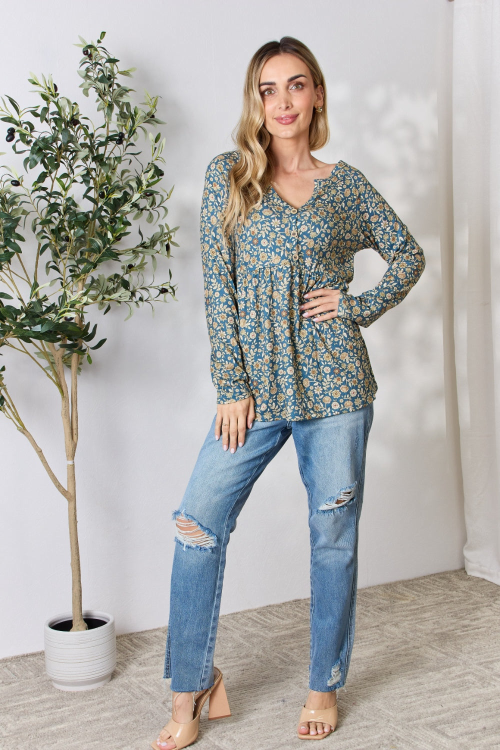 Heimish Full Size Floral Half Button Long Sleeve Blouse 