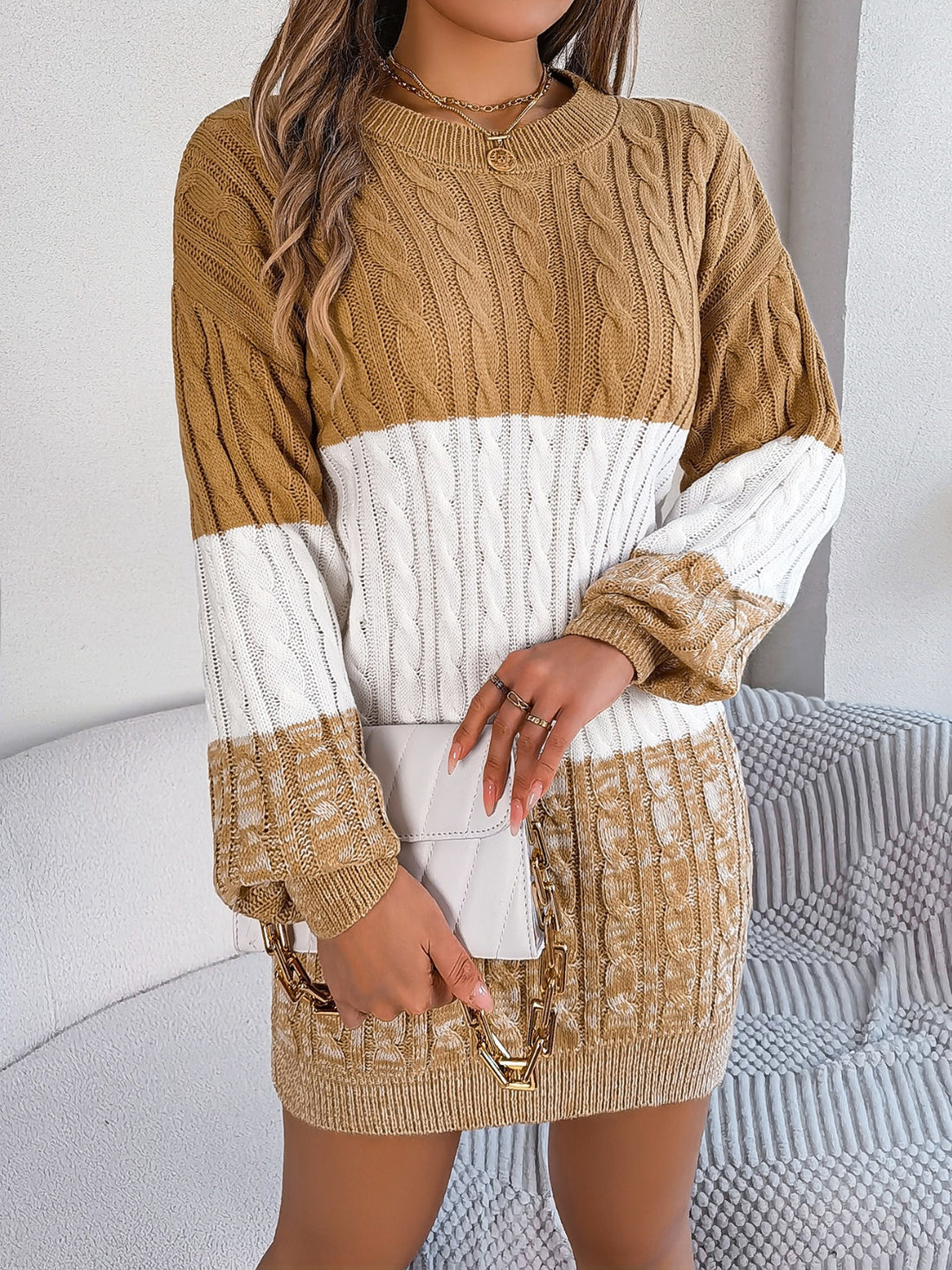 Cable-Knit Round Neck Color Block Sweater Dress 