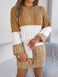 Cable-Knit Round Neck Color Block Sweater Dress 