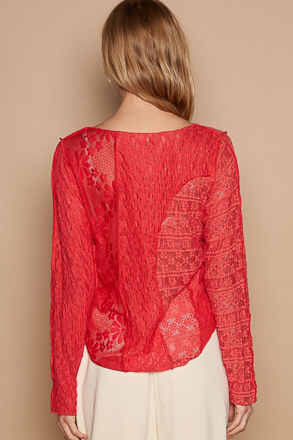 POL Exposed Seam Long Sleeve Lace Knit Top 