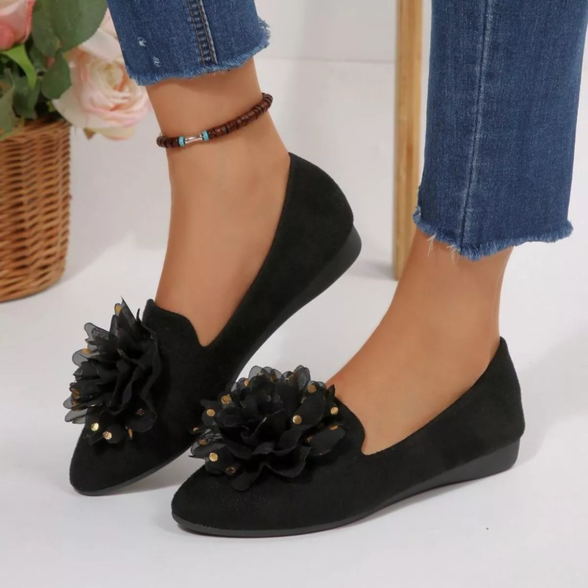Flower Point Toe Slip-Ons 