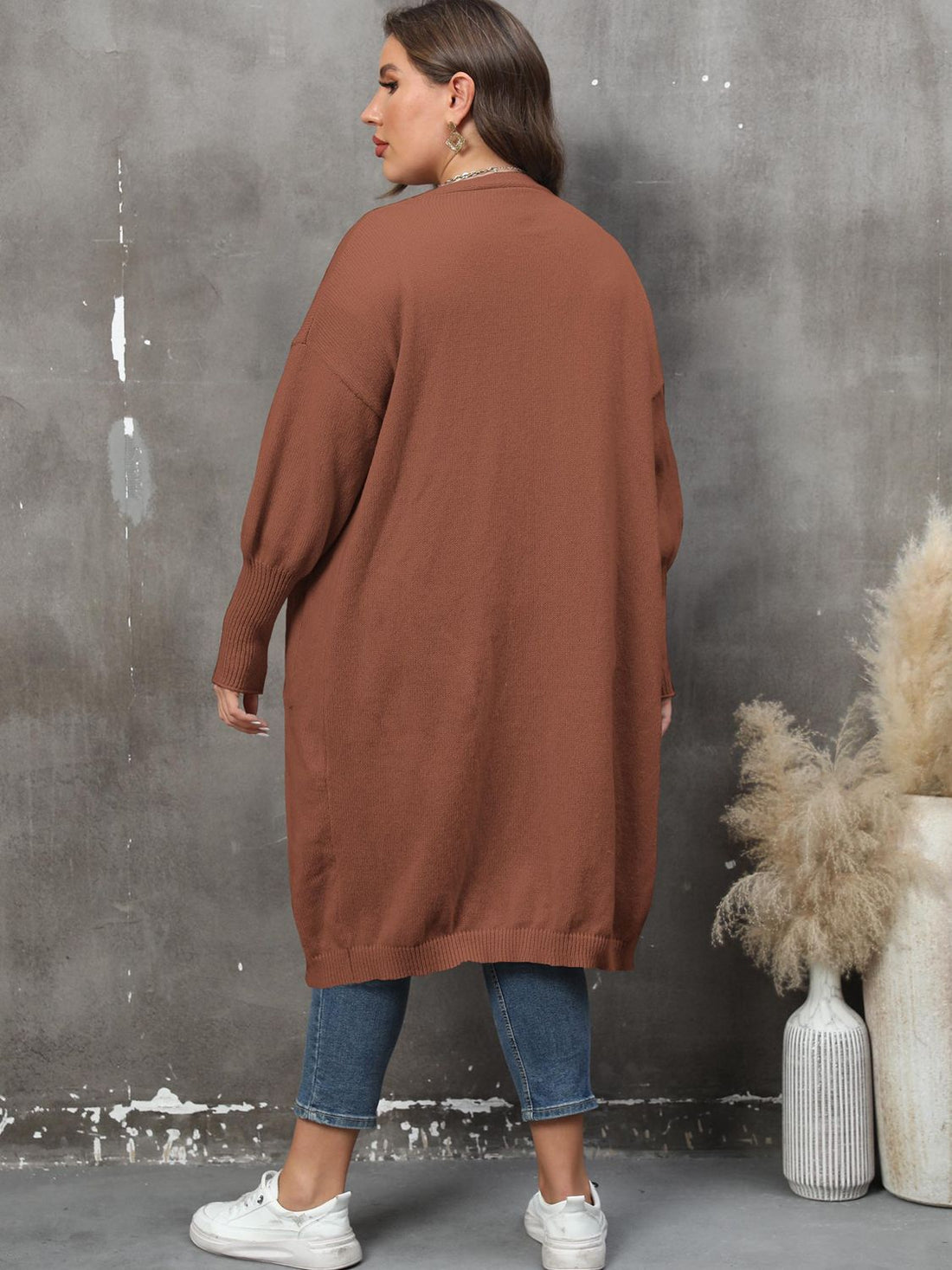 Plus Size Long Sleeve Pocketed Cardigan 