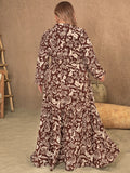 Plus Size Notched Balloon Sleeve Printed Maxi Dress 