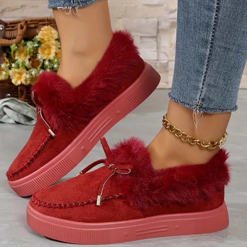 Bow Furry Round Toe Flat Slip-Ons 