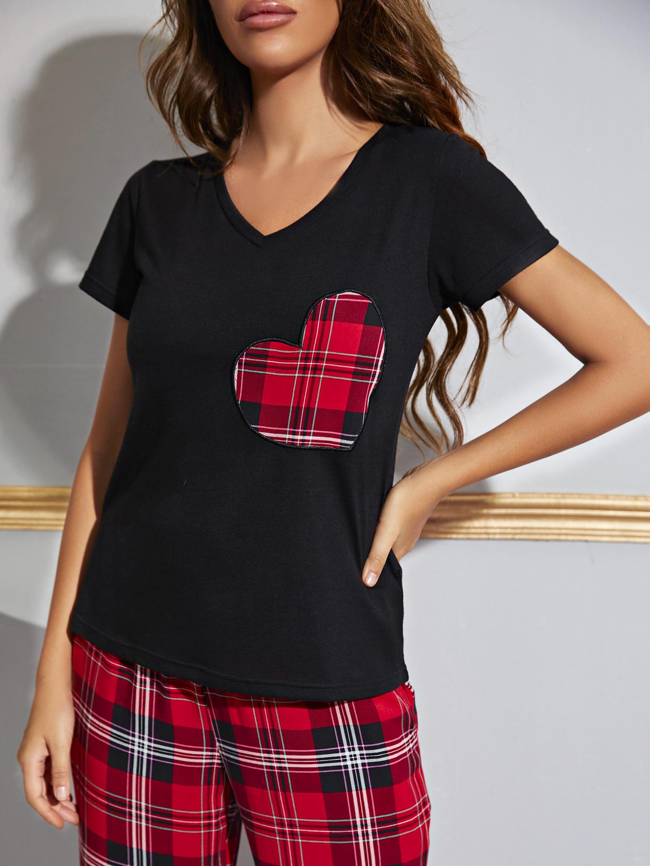 Heart Graphic V-Neck Top and Plaid Pants Lounge Set Lingerie & Nightwear