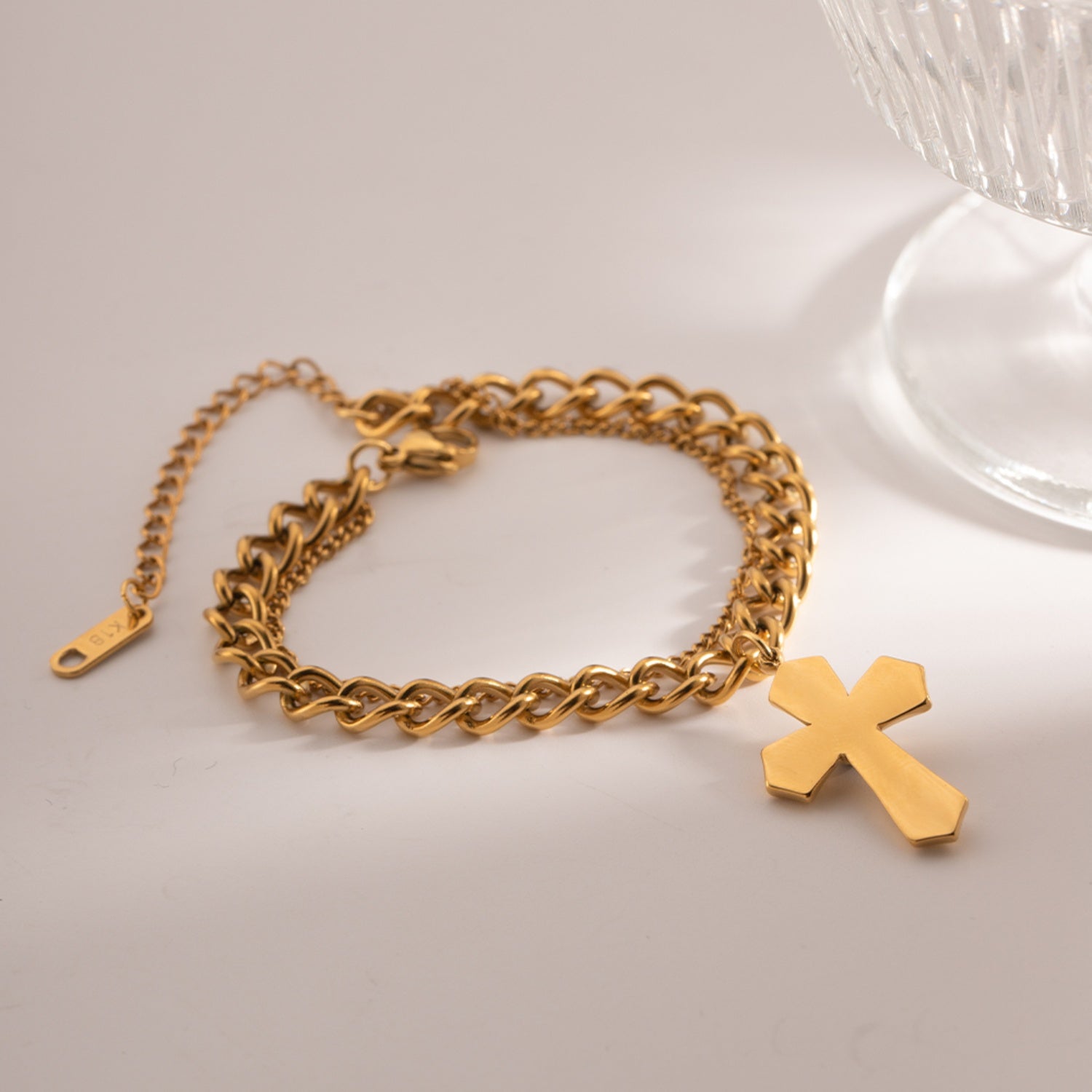 Stainless Steel Imitation Gemstone Cross Shape Pendant Bracelet 