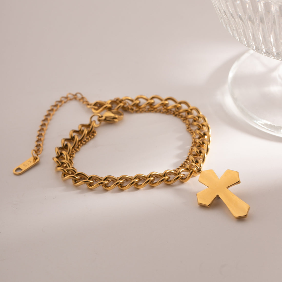 Stainless Steel Imitation Gemstone Cross Shape Pendant Bracelet 