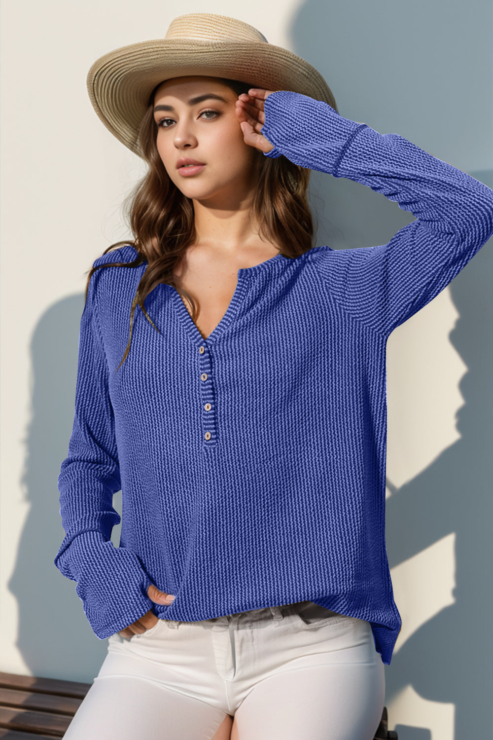 Double Take Full Size Notched Thumbhole Long Sleeve T-Shirt 