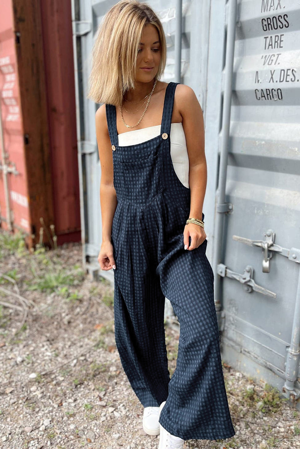 Sail Blue Plaid Print Buttoned Pocketed High Waist Overall Bottoms/Jumpsuits & Rompers