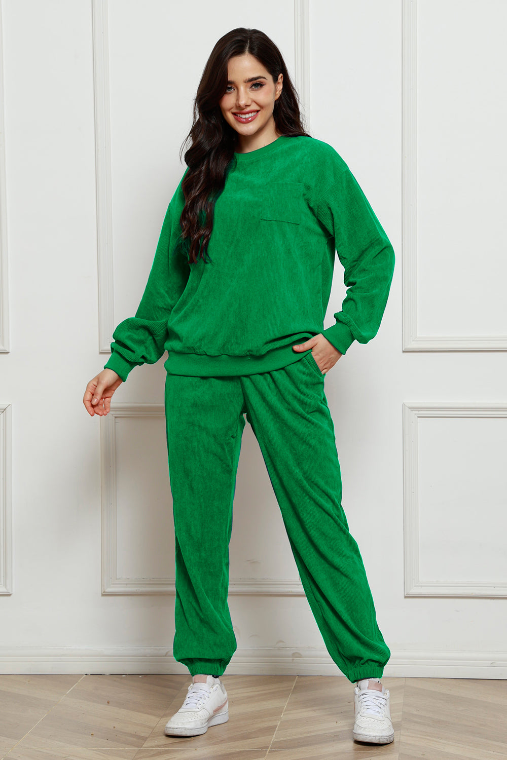 Corduroy Round Neck Sweatshirt and Sweatpants Set 