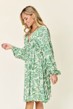 Double Take Full Size Printed Ruched Balloon Sleeve Dress 
