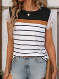 Perfee Lace Detail Striped Round Neck Cap Sleeve T-Shirt 