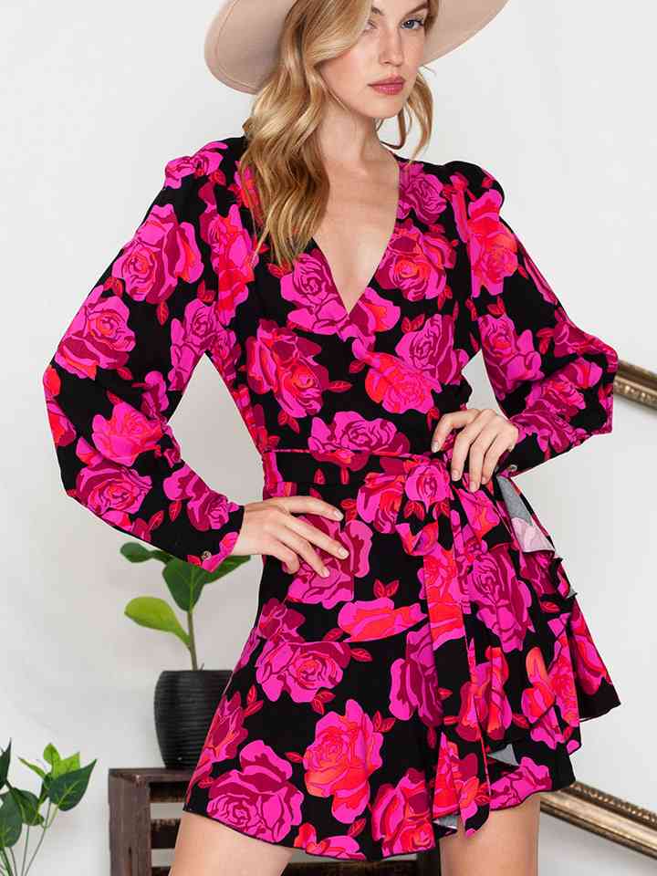Floral Print Surplice Neck Long Sleeve Dress Dresses