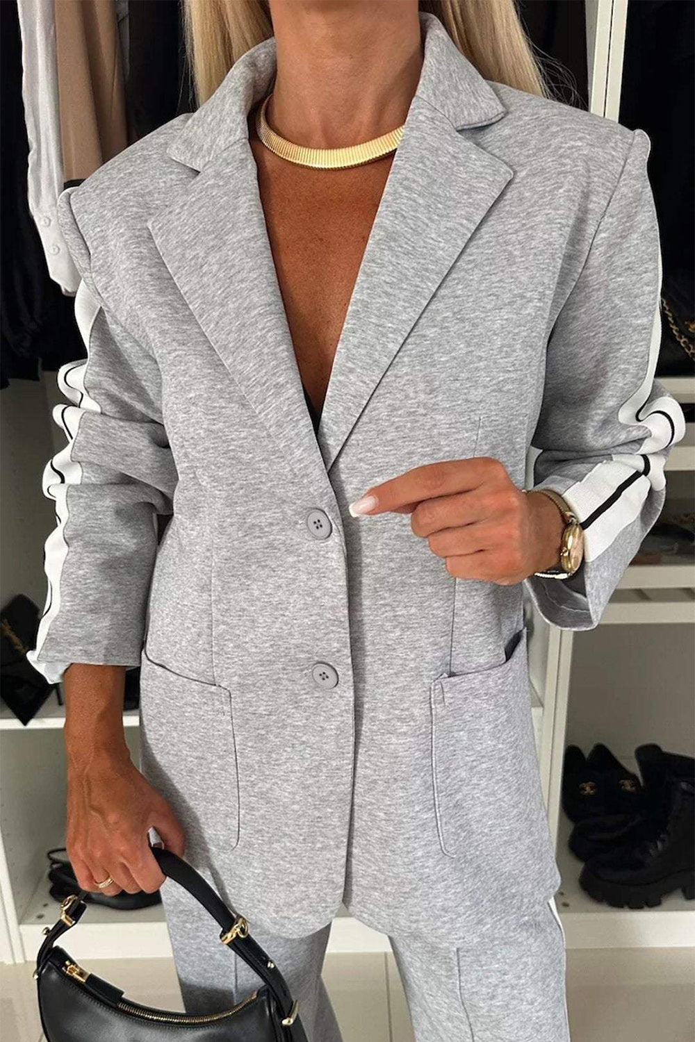 Full Size Contrast Lapel Collar Top and Pants Set 