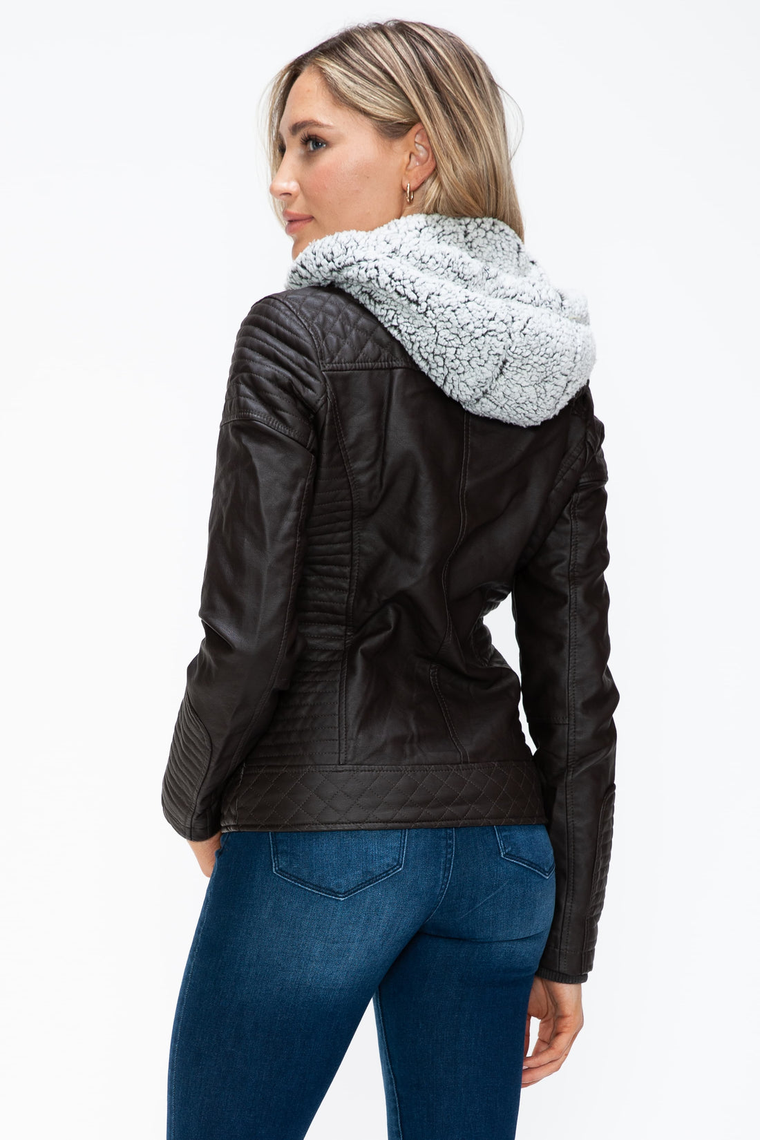 YMI Faux Layered Double-Zipper Jacket with Fuzzy Hood 