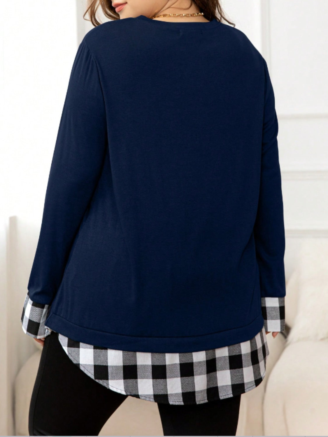 Plus Size Plaid Hem Round Neck Long Sleeve Sweatshirt 