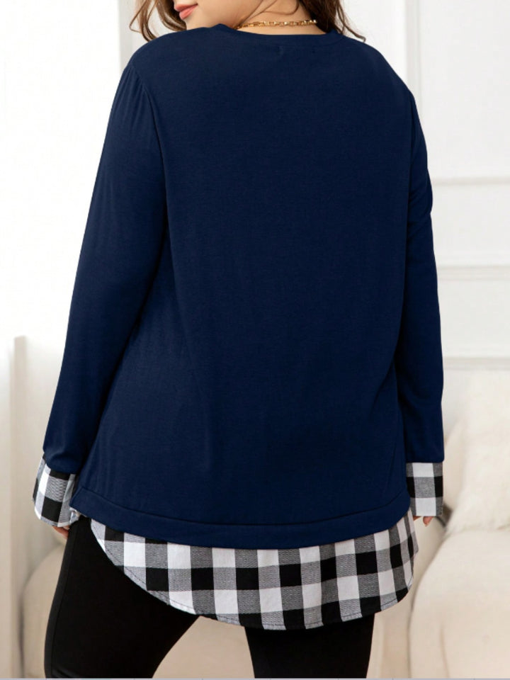 Plus Size Plaid Hem Round Neck Long Sleeve Sweatshirt 