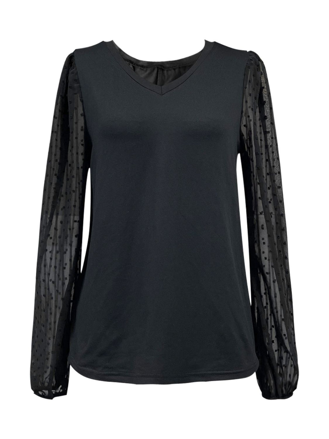 Full Size V-Neck Swiss Dot Long Sleeve Blouse 
