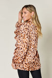 Double Take Full Size Printed Ruffle Trim Balloon Sleeve Shirt 