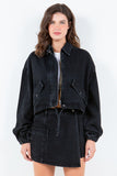 American Bazi Drawstring Waist Crop Denim Jacket 
