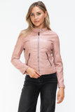 Snobbish Faux Leather Zip Up Drawstring Hooded Jacket 