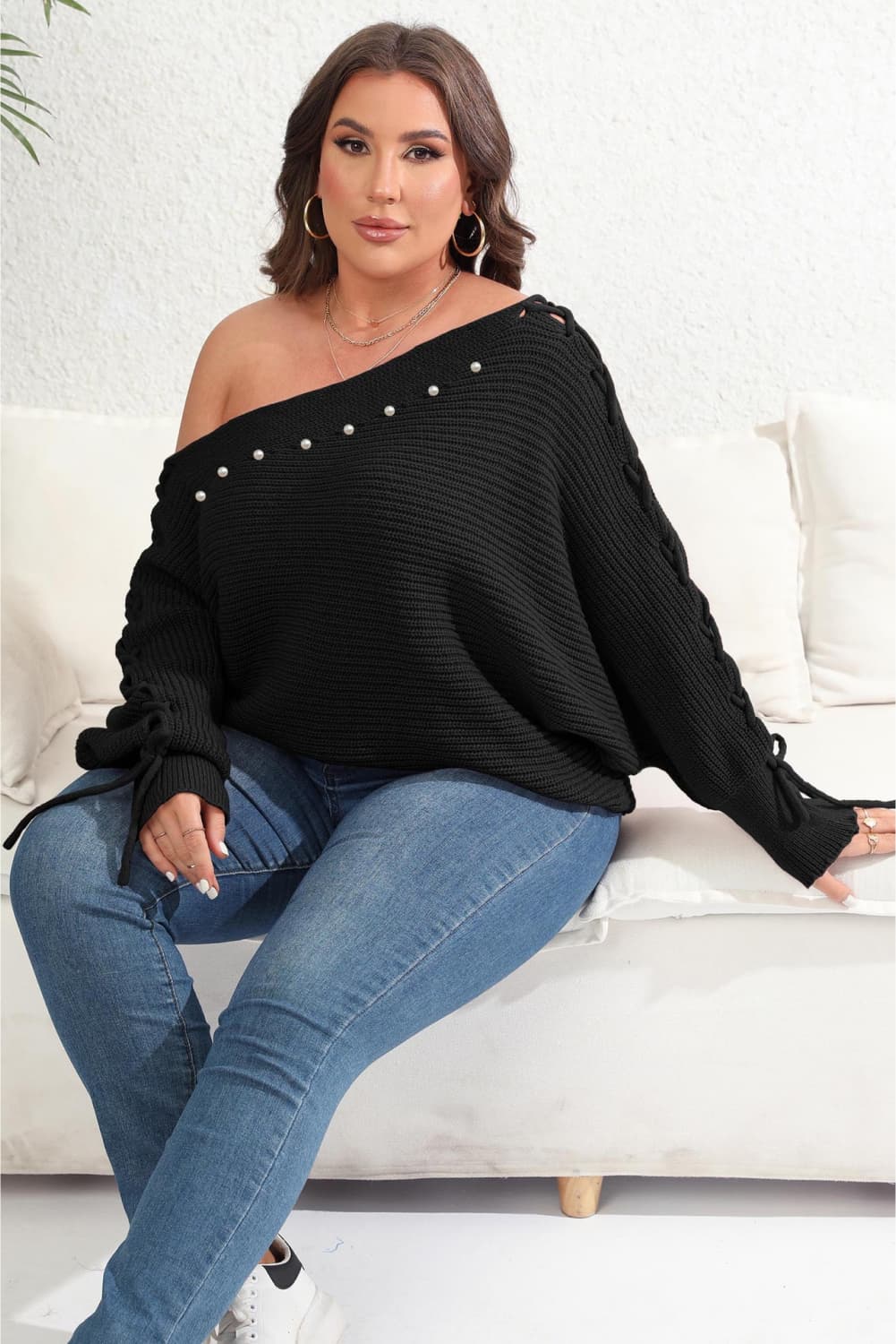 Plus Size One Shoulder Beaded Sweater 