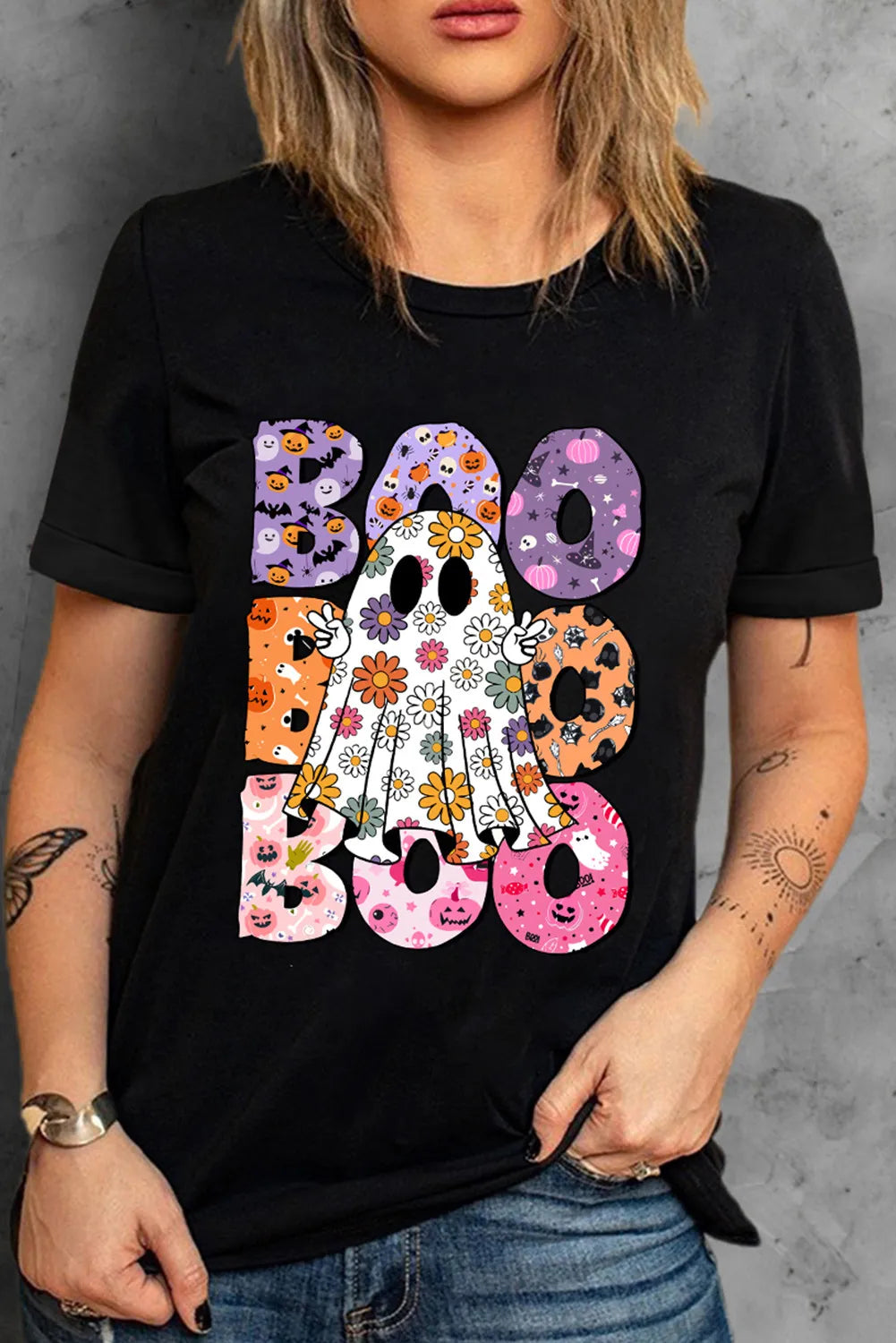 BOO Ghost Graphic Round Neck Short Sleeve T-Shirt 