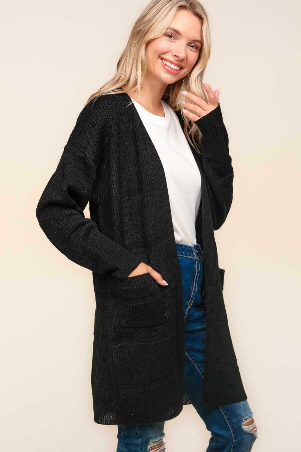 Haptics Stripe Textured Open Front Cardigan with Pockets 