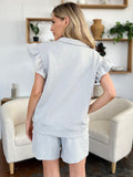 Double Take Full Size Texture Flounce Sleeve Top and Drawstring Shorts Set 