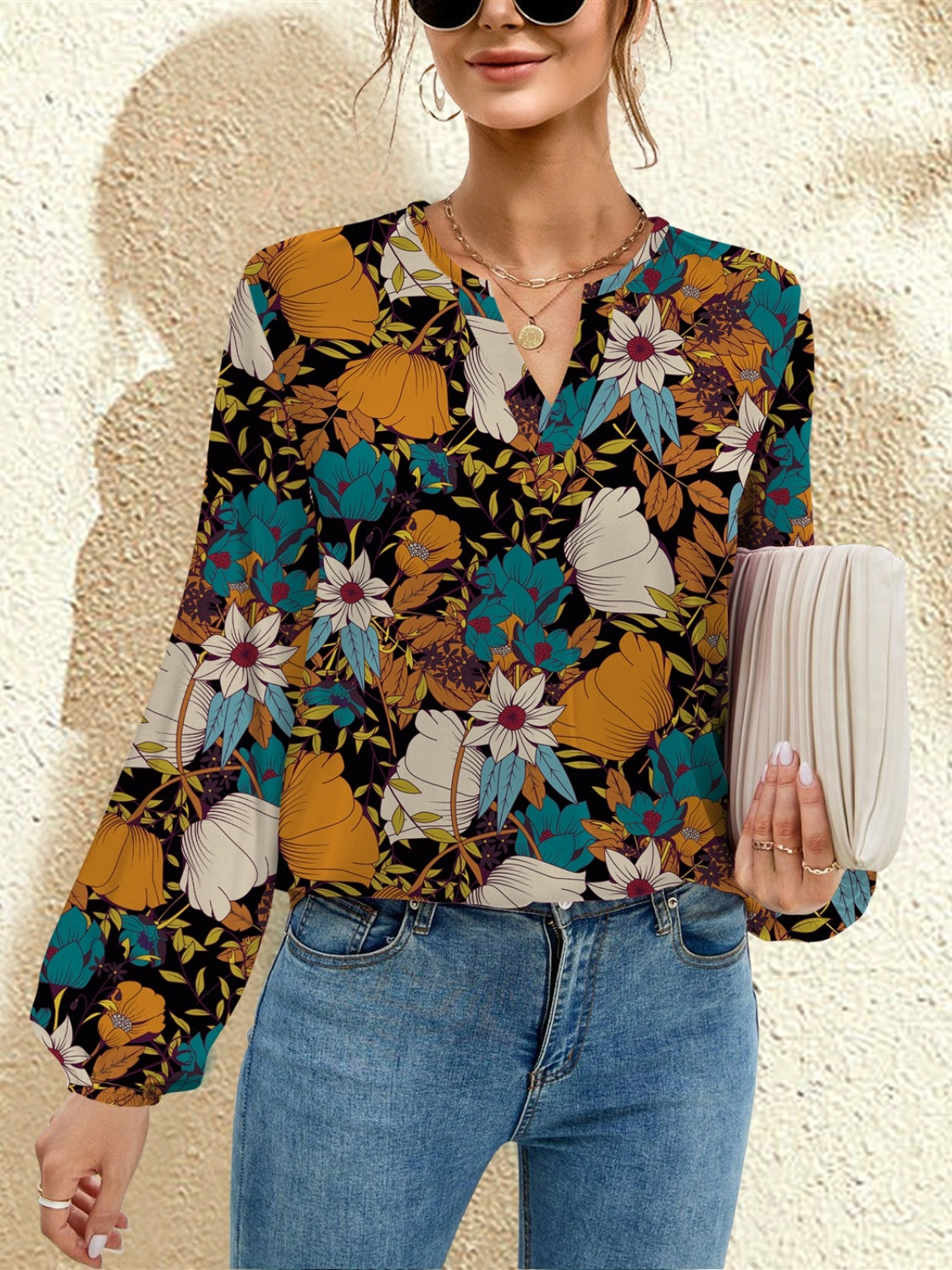FAM-FAM Printed Notched Long Sleeve Blouse 