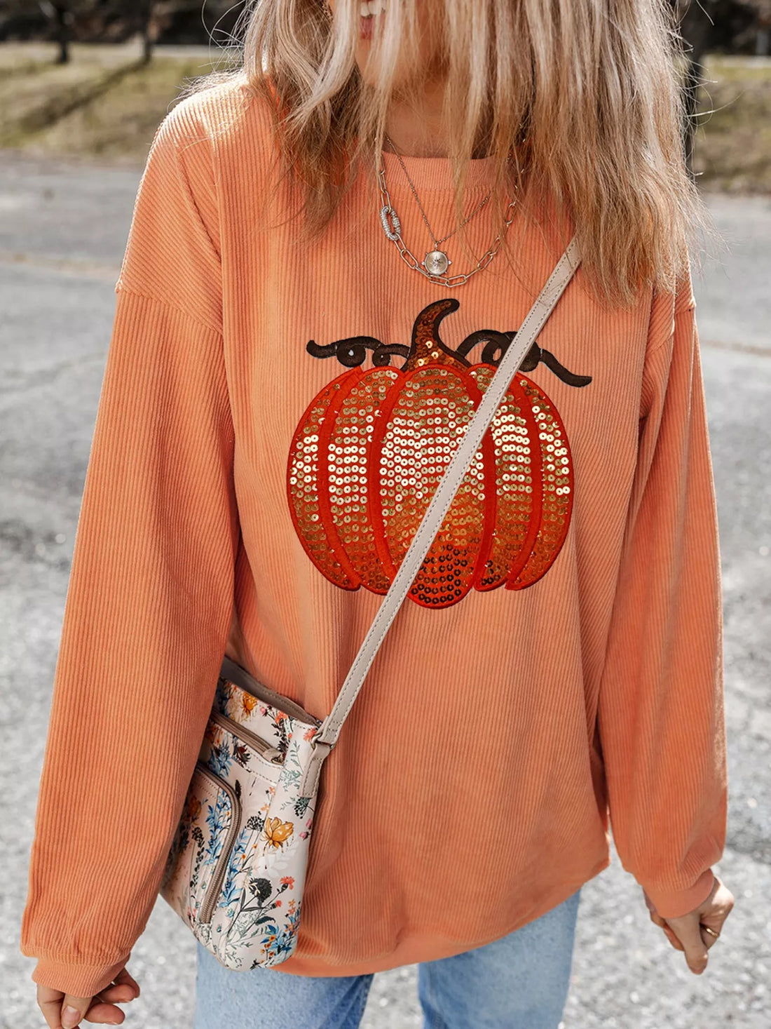 Halloween Sequined Pumpkin Ribbed Round Neck Sweatshirt 