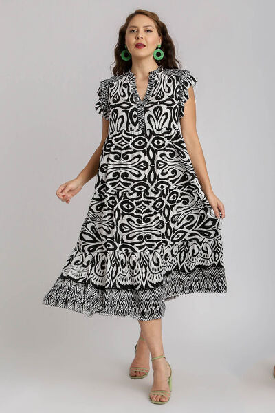 Umgee Full Size Two Tone Border Print Ruffle Cap Sleeve Midi Dress Plus Size Dresses