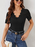 Lace Scalloped V-Neck Eyelet T-Shirt 