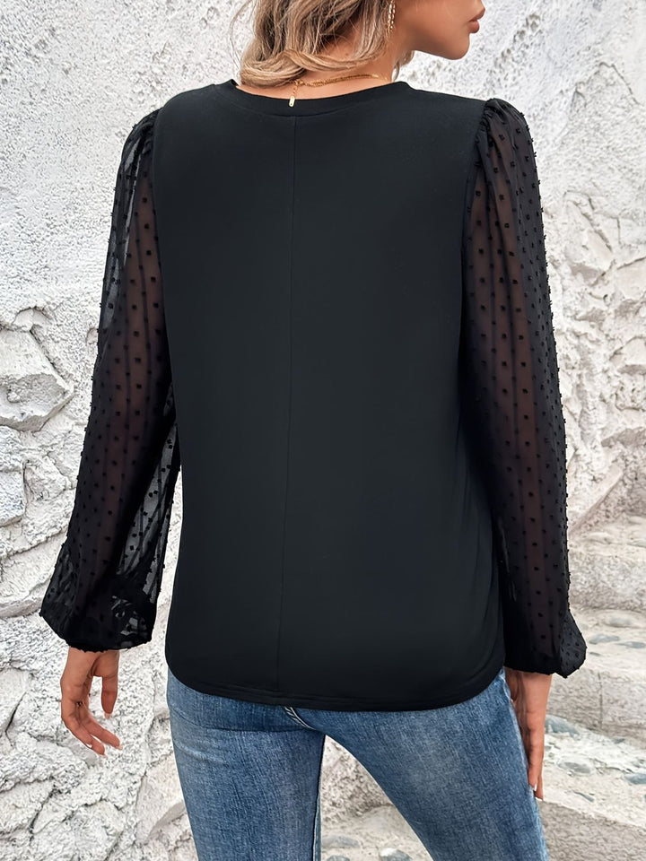 Full Size V-Neck Swiss Dot Long Sleeve Blouse 