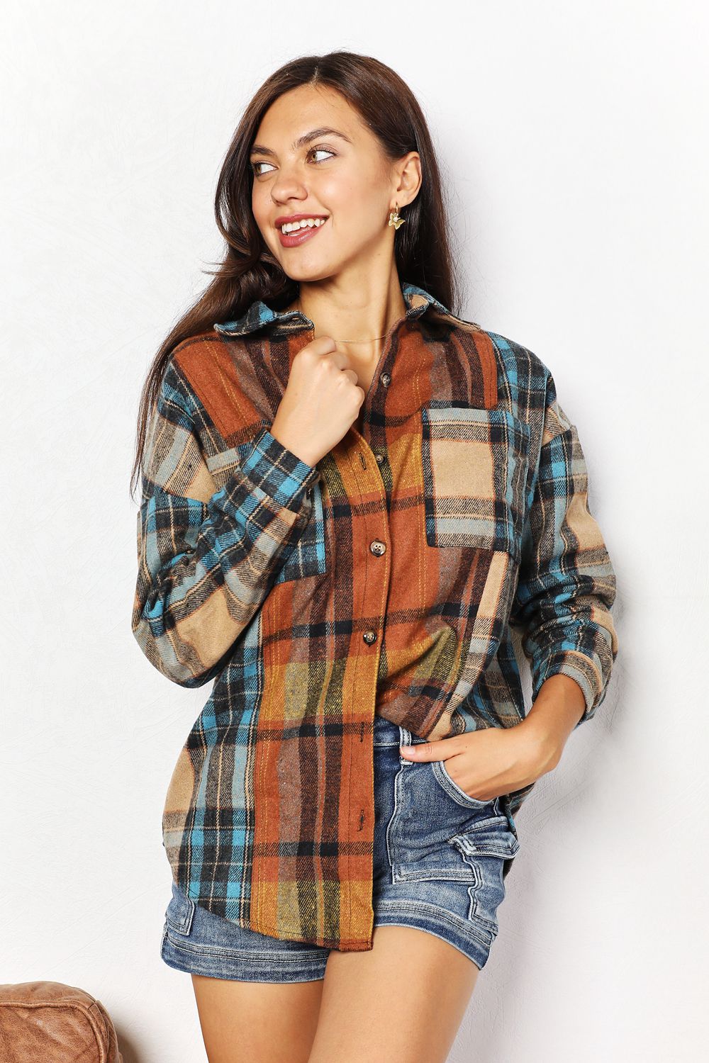 Double Take Plaid Curved Hem Shirt Jacket with Breast Pockets 