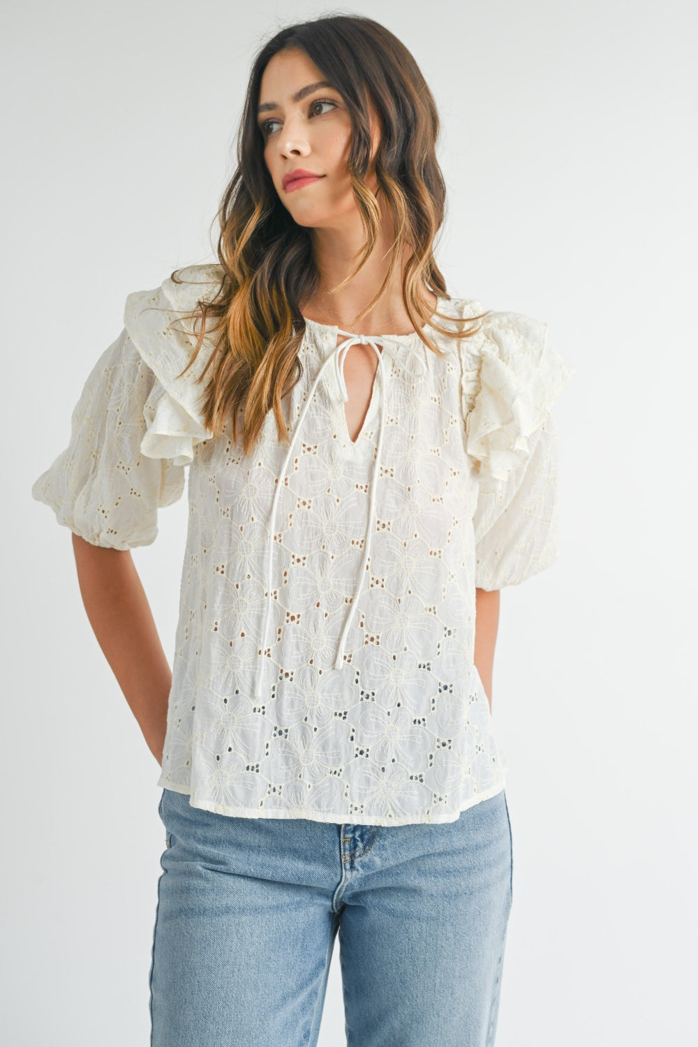 MABLE Eyelet Lace Ruffle Shoulder Puff Sleeve Blouse 