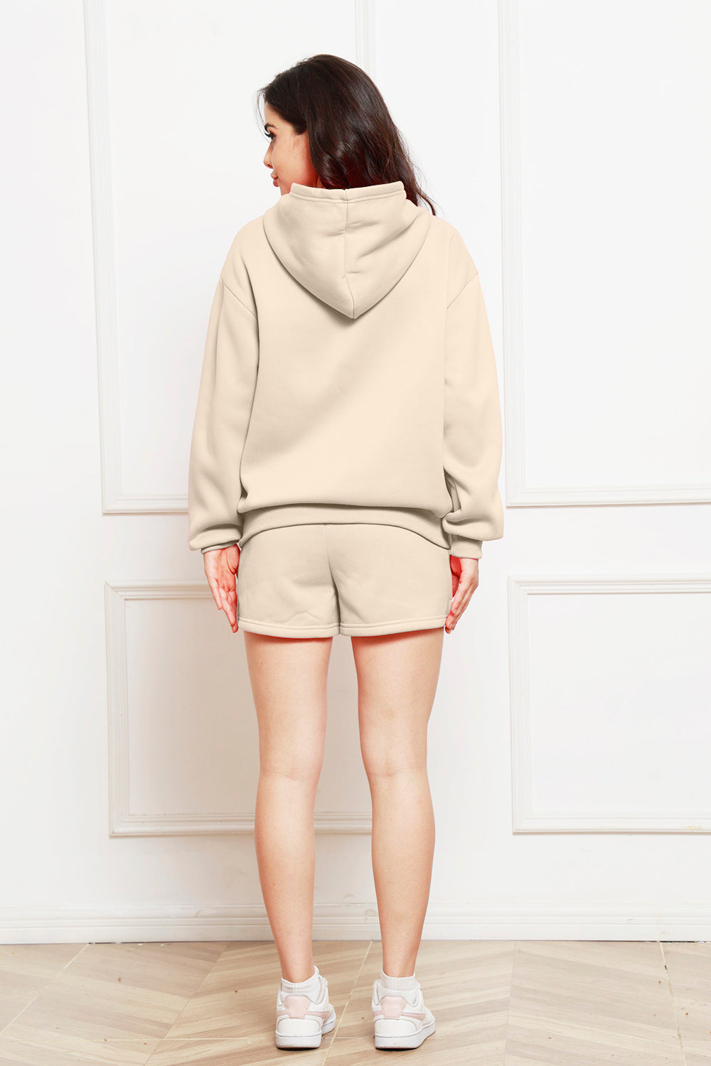 Drop Shoulder Long Sleeve Hoodie and Shorts Set 