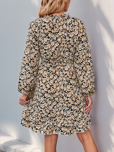 Perfee Printed Tie Neck Long Sleeve Mini Dress Dresses