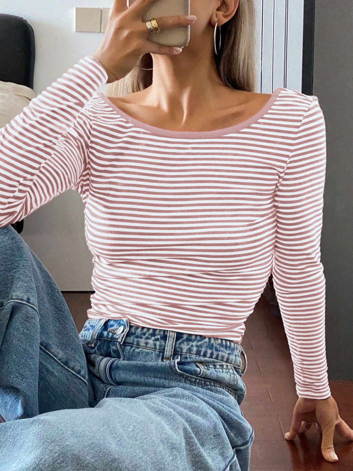 Devine Backless Striped Boat Neck Long Sleeve T-Shirt 