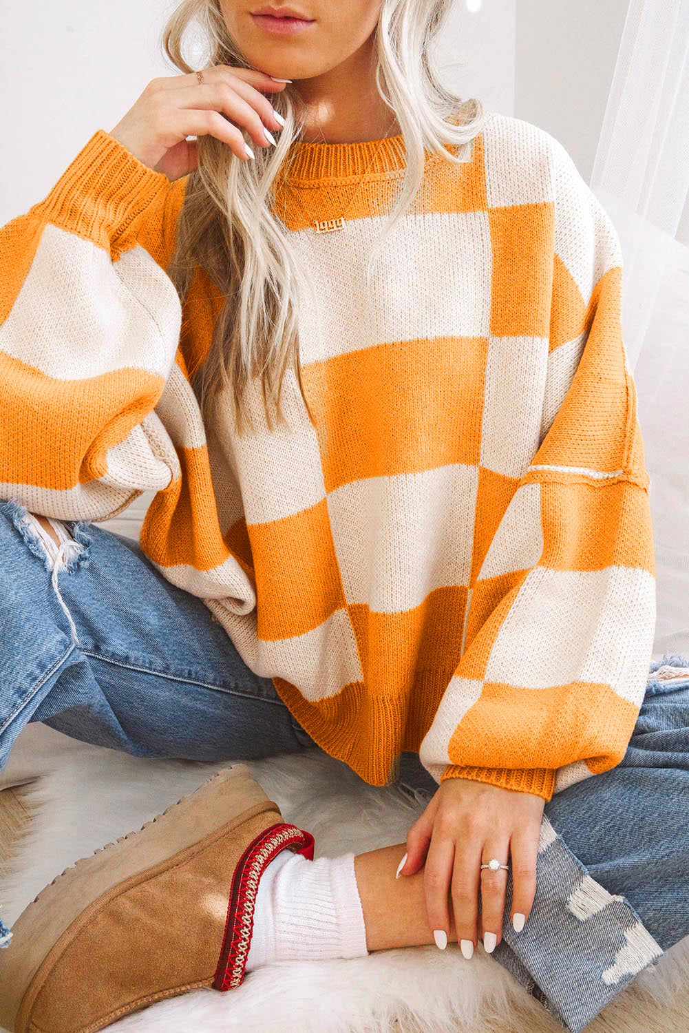 Orange Checkered Bishop Sleeve Sweater Sweaters & Cardigans/Sweaters