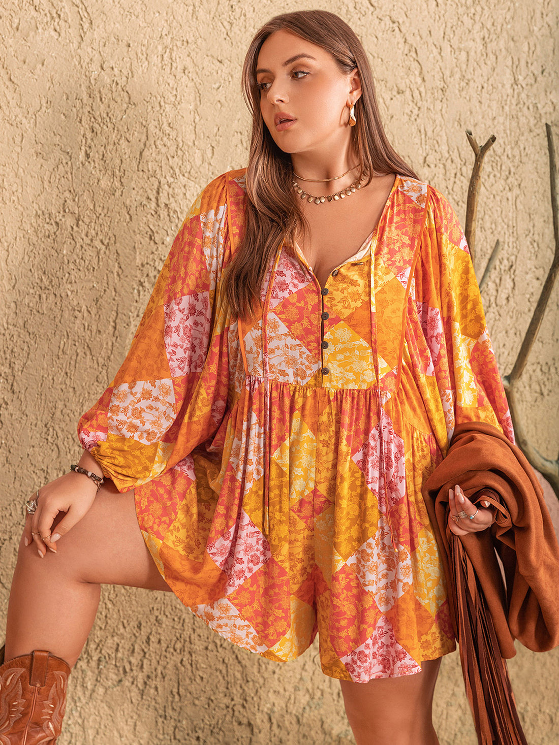 Plus Size Floral Tie Neck Balloon Sleeve Romper 