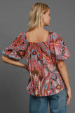 Umgee Full Size Abstract Print Smocked Square Neck Puff Sleeve Blouse 