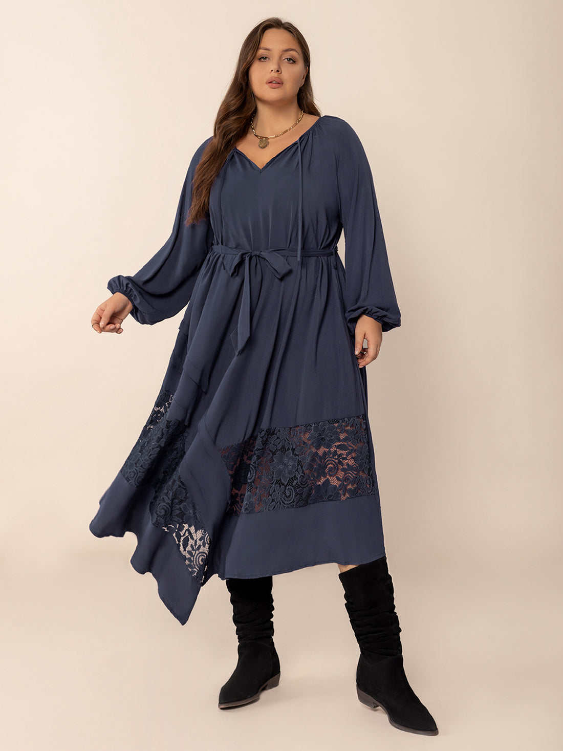 Plus Size Lace Detail Tie Neck Long Sleeve Midi Dress 