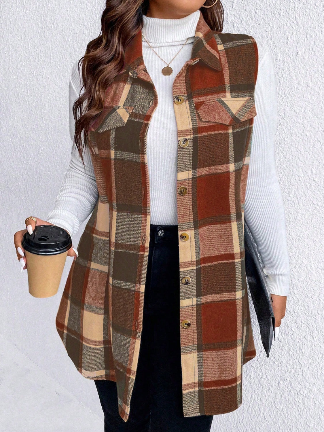 Honey Plus Size Pocketed Plaid Button Up Vest Coat 