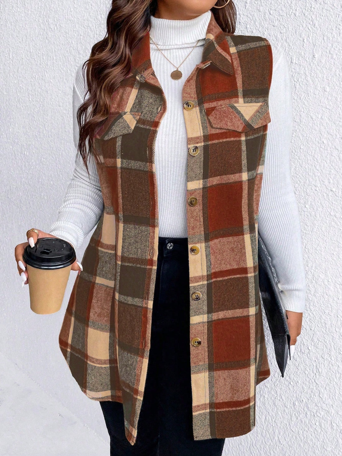 Honey Plus Size Pocketed Plaid Button Up Vest Coat 