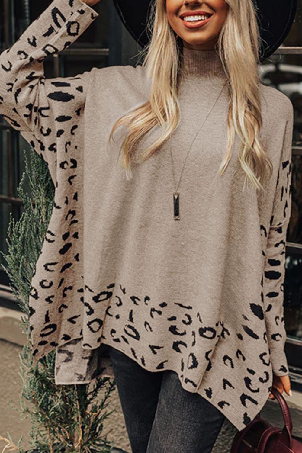 Slit Leopard Mock Neck Dropped Shoulder Sweater 