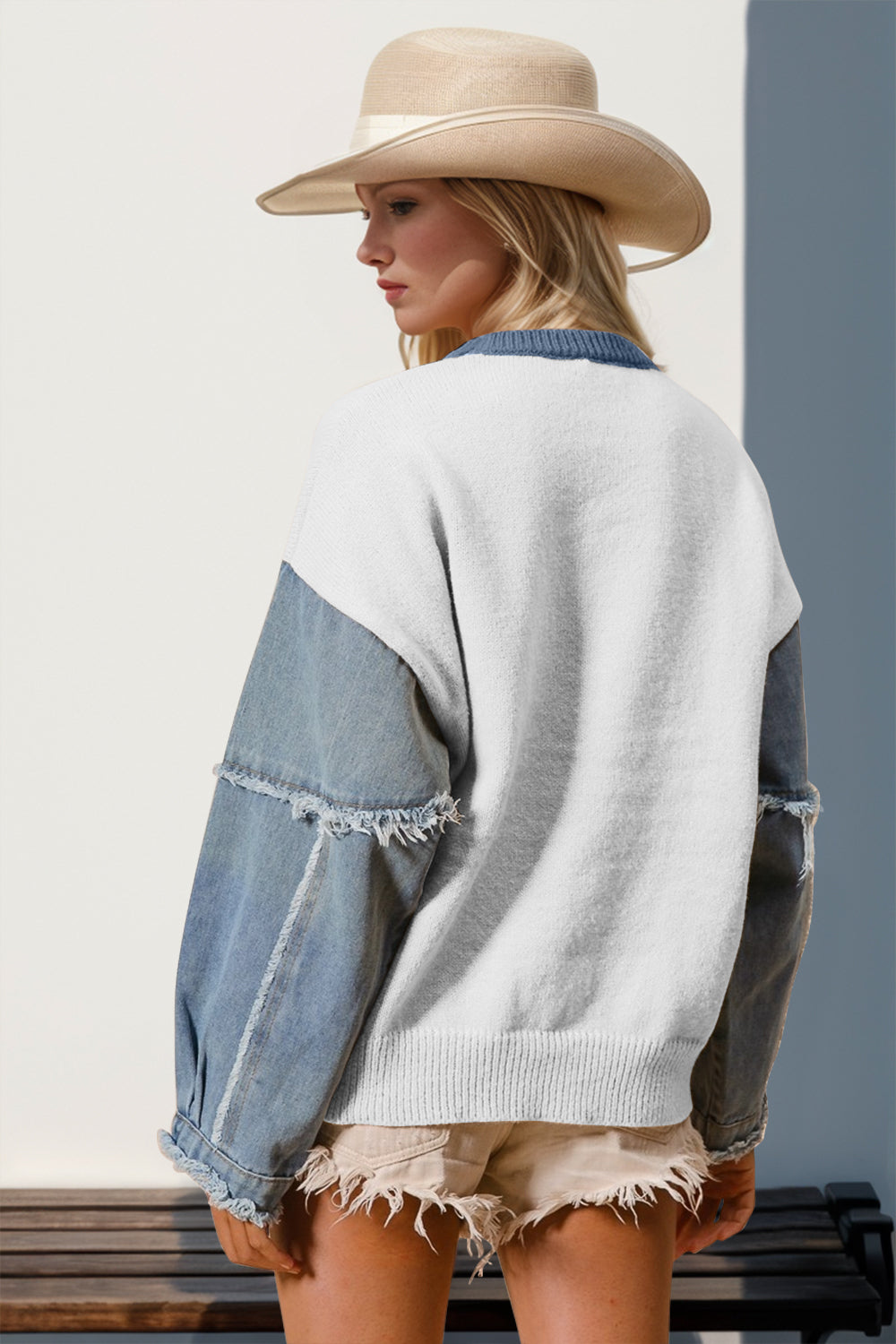 Double Take Full Size Star Pattern Raw Edge Long Sleeve Sweater 