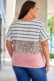 Plus Size Striped Leopard Round Neck Half Sleeve T-Shirt 